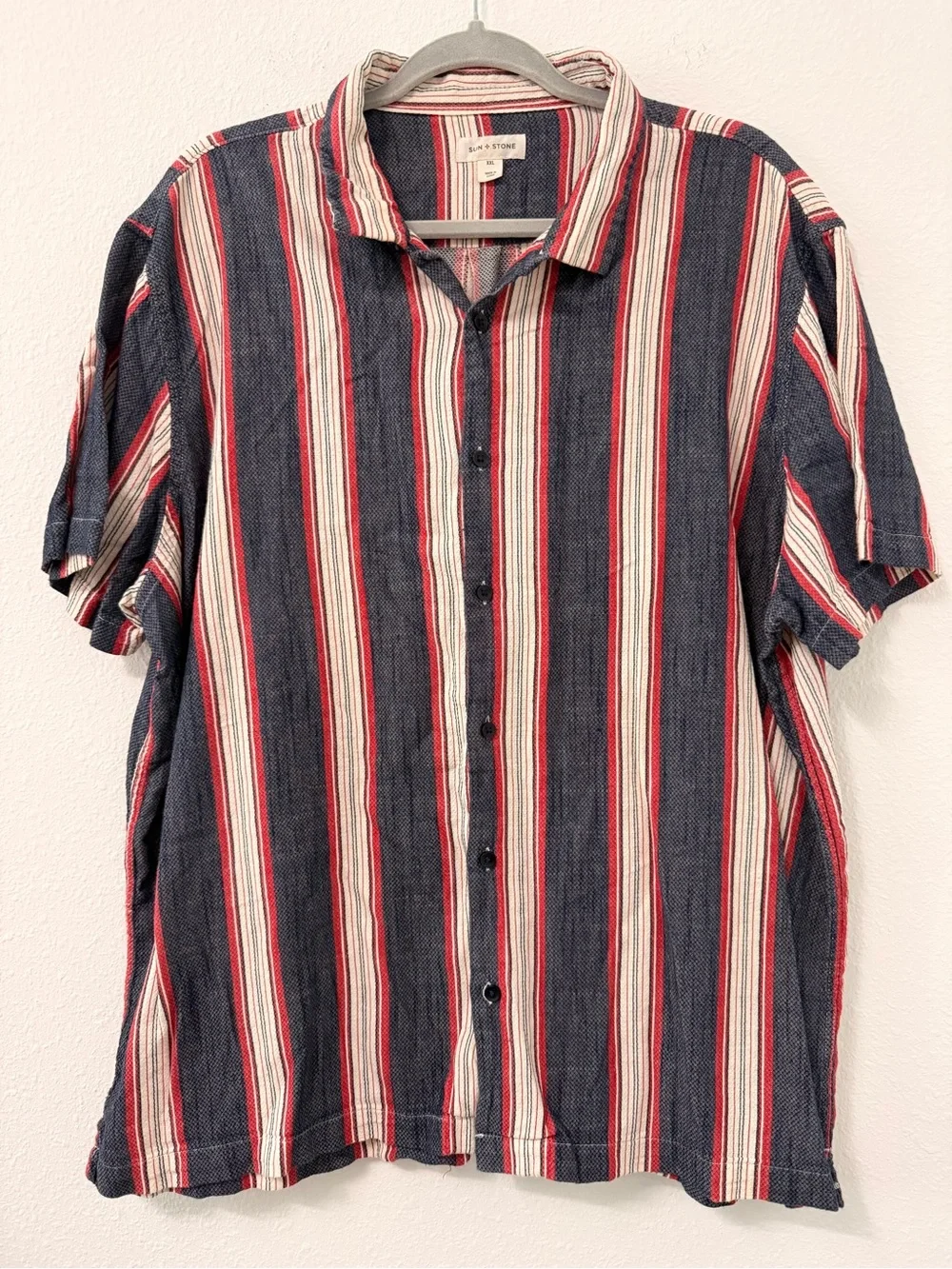 Sun + Stone Navy, Red & White Vertical Stripe Button-Up Shirt